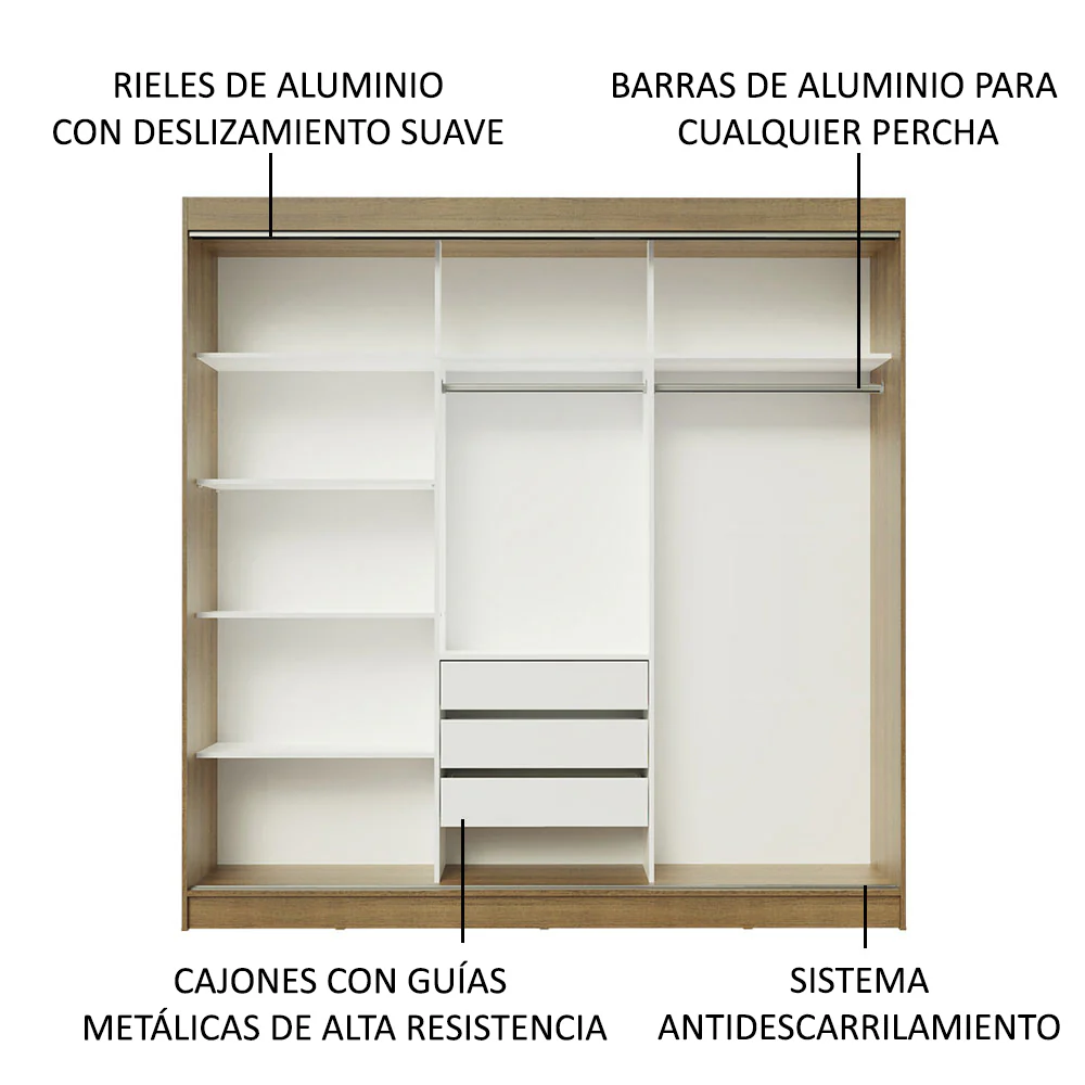 Placard Ropero Matrimonial Madesa Kansas 3 Puertas Corredizas de Espejo 3 Cajones Marrón/Negro - Image 5
