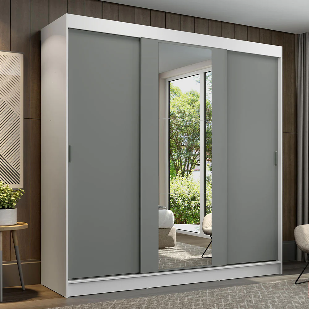 Placard Ropero Matrimonial Madesa Reno 3 Puertas Corredizas con Espejo Blanco/Gris