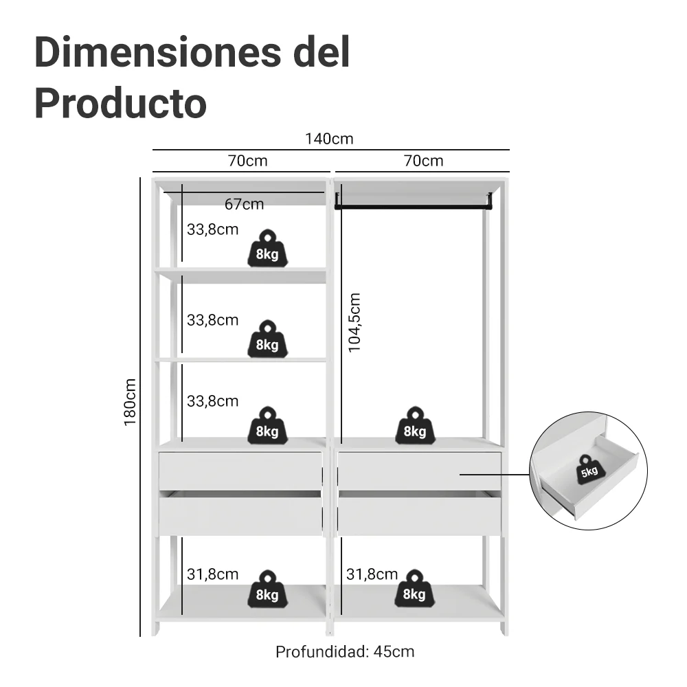 Placard Ropero Modulado 4 Cajones 140 cm Blanco Valencia Madesa - Image 2