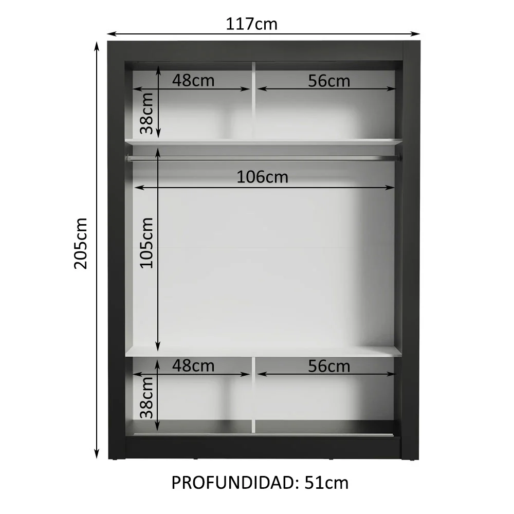 Placard Ropero Solteiro Madesa Denver 2 Puertas Corredizas Negro/Gris - Image 4