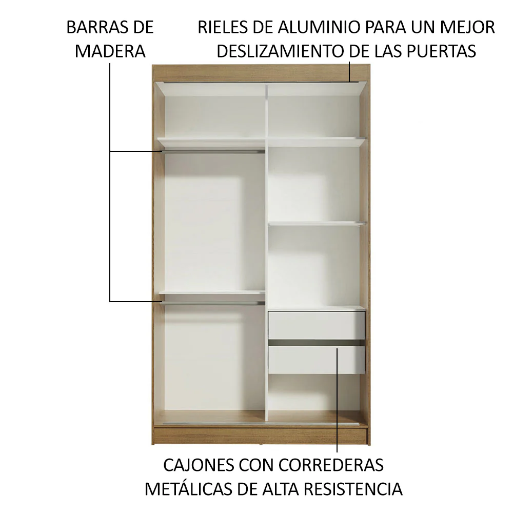 Placard Ropero Solteiro Madesa Tokio 2 Puertas Corredizas con Espejo 2 Cajones Marrón - Image 5