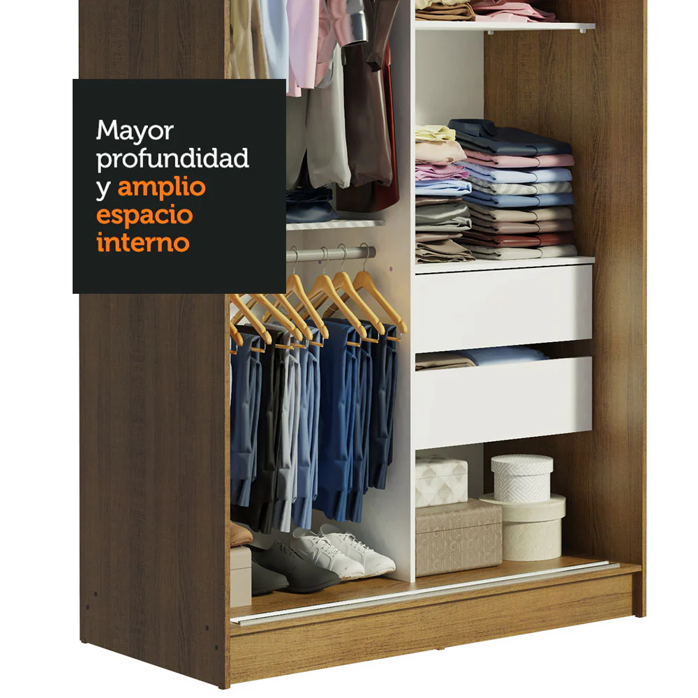 Placard Ropero Solteiro Madesa Tokio 2 Puertas Corredizas con Espejo 2 Cajones Marrón - Image 6