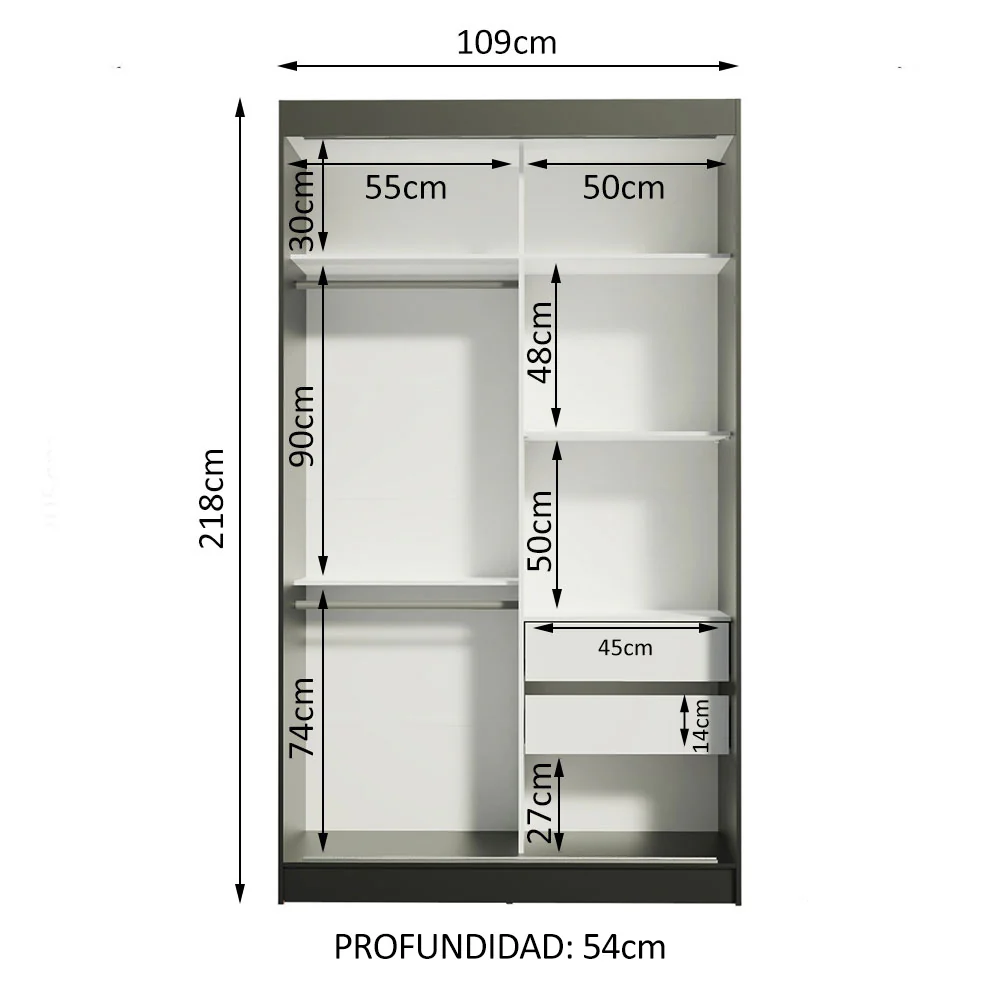 Placard Ropero Solteiro Madesa Tokio 2 Puertas Corredizas con Espejo 2 Cajones Negro/Blanco - Image 10
