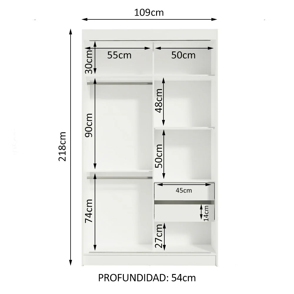 Placard Ropero Solteiro Madesa Tokio 2 Puertas Corredizas de Espejo 2 Cajones Blanco/Negro - Image 10
