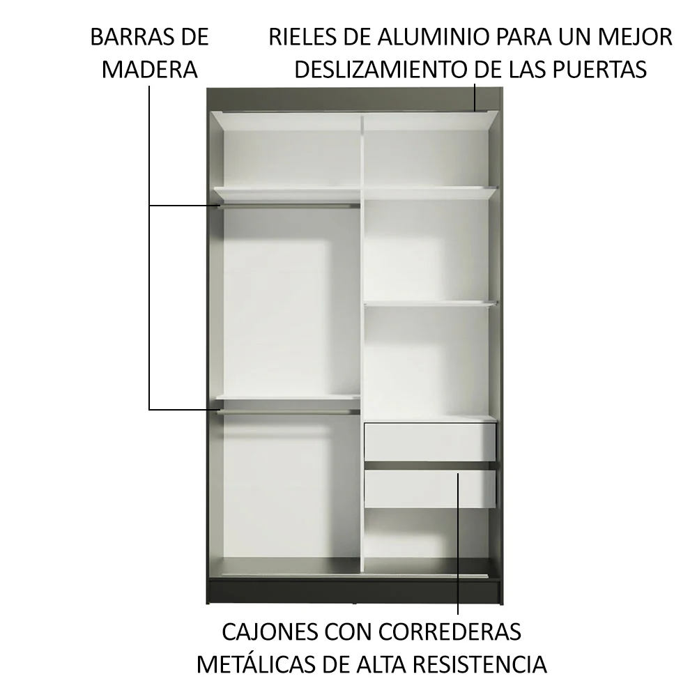 Placard Ropero Solteiro Madesa Tokio 2 Puertas Corredizas de Espejo 2 Cajones Negro/Marrón - Image 5