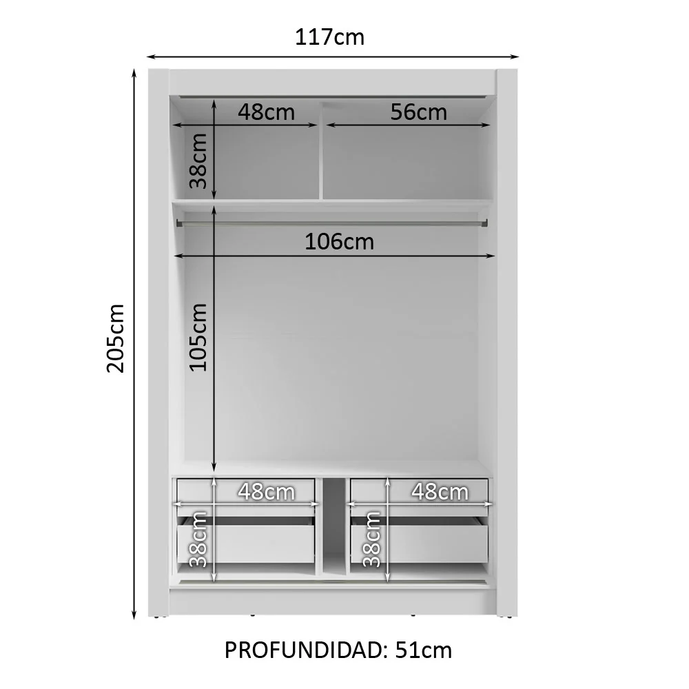 Placard Soltero 2 Puertas Corredizas 4 Cajones Blanco/Gris Vivare Plus - Image 4