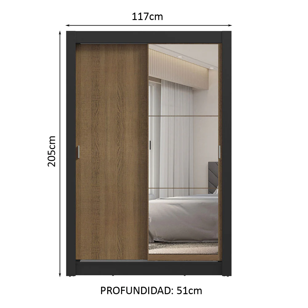 Placard Soltero 2 Puertas Corredizas con Espejo 2 Cajones Negro/Marrón Vivare - Image 2