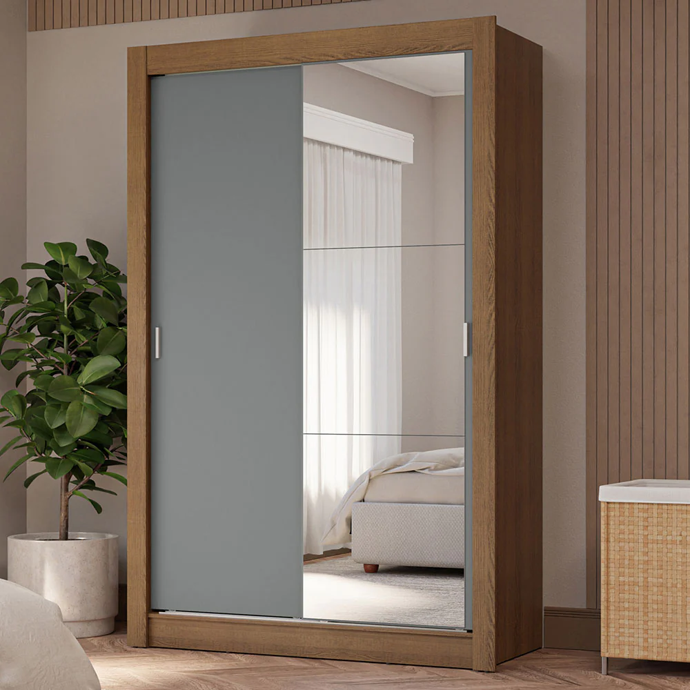 Placard Soltero 2 Puertas Corredizas con Espejo 4 Cajones Marrón/Gris Vivare Plus