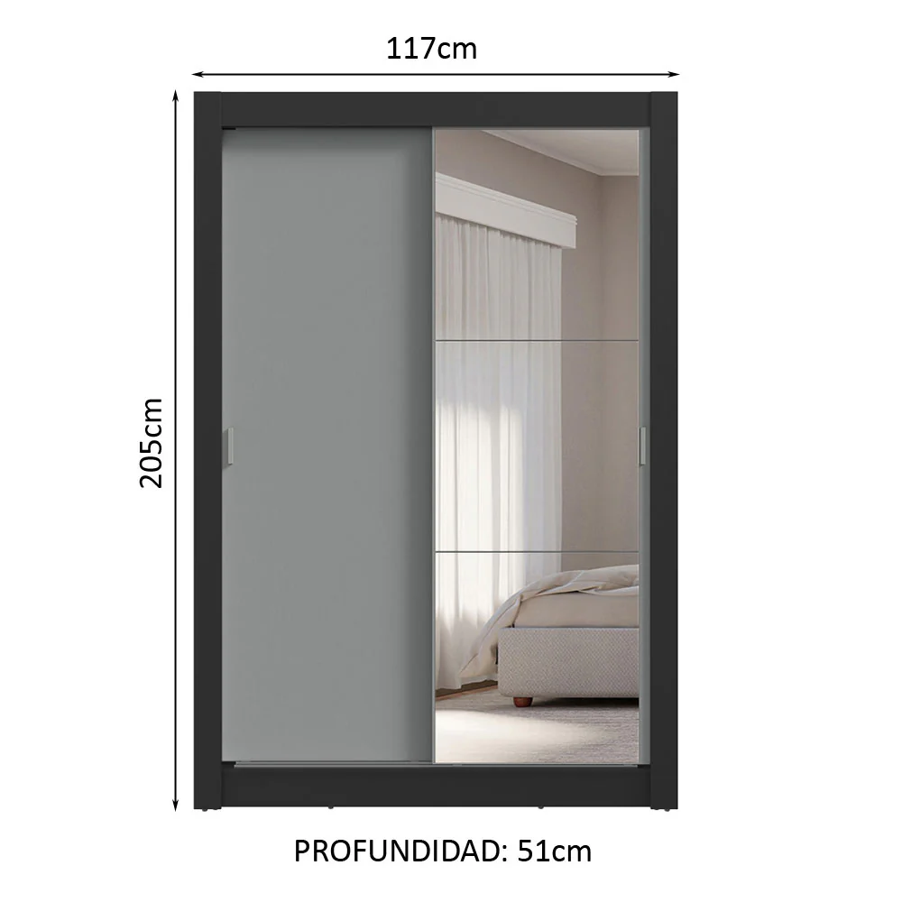 Placard Soltero 2 Puertas Corredizas con Espejo 4 Cajones Negro/Gris Vivare Plus - Image 2