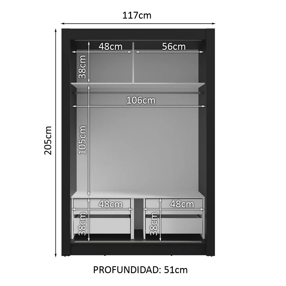 Placard Soltero 2 Puertas Corredizas con Espejo 4 Cajones Negro/Marrón Vivare Plus - Image 4