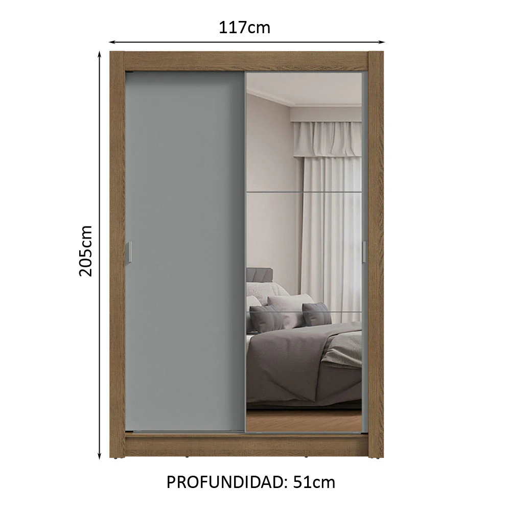 Placard Soltero 2 Puertas Corredizas con Espejo Marrón/Gris Milano - Image 2