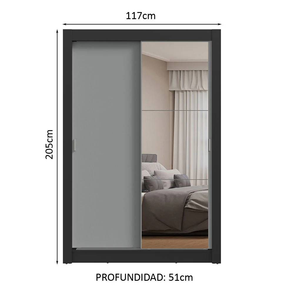 Placard Soltero 2 Puertas Corredizas con Espejo Negro/Gris Milano - Image 2