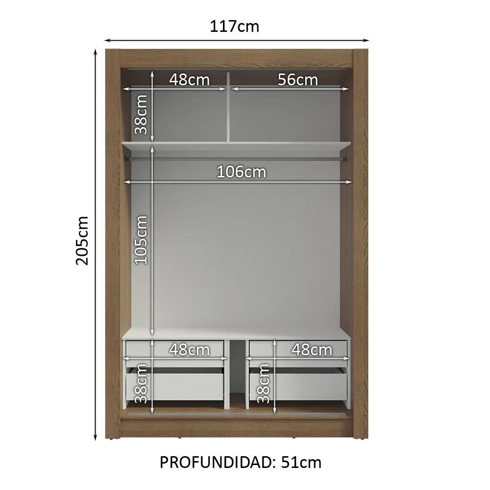 Placard Soltero 2 Puertas Corredizas con Espejos 4 Cajones Marrón Vivare Plus - Image 4