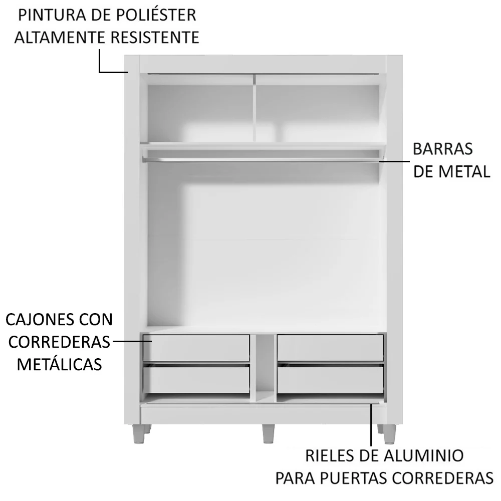 Placard Soltero Dallas Plus 2 Puertas Corredizas con Espejo 4 Cajones con Patas Blanco - Image 5