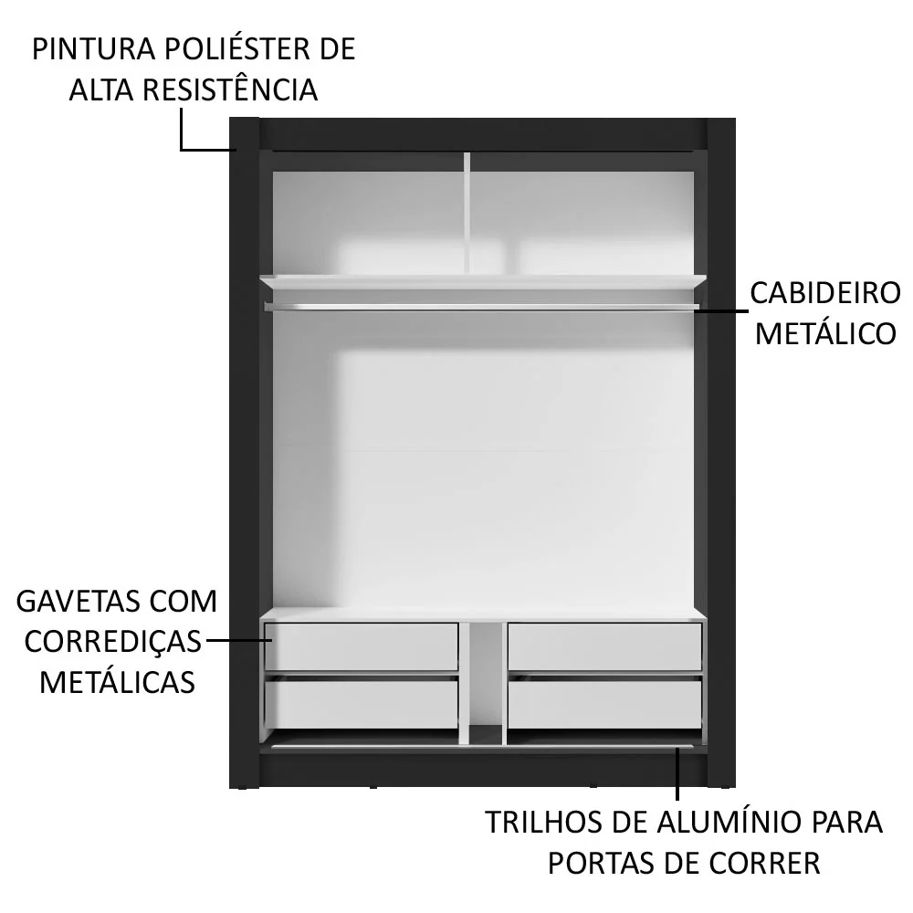 Placard Soltero Dallas Plus 2 Puertas Corredizas con Espejo 4 Cajones Negro - Image 6
