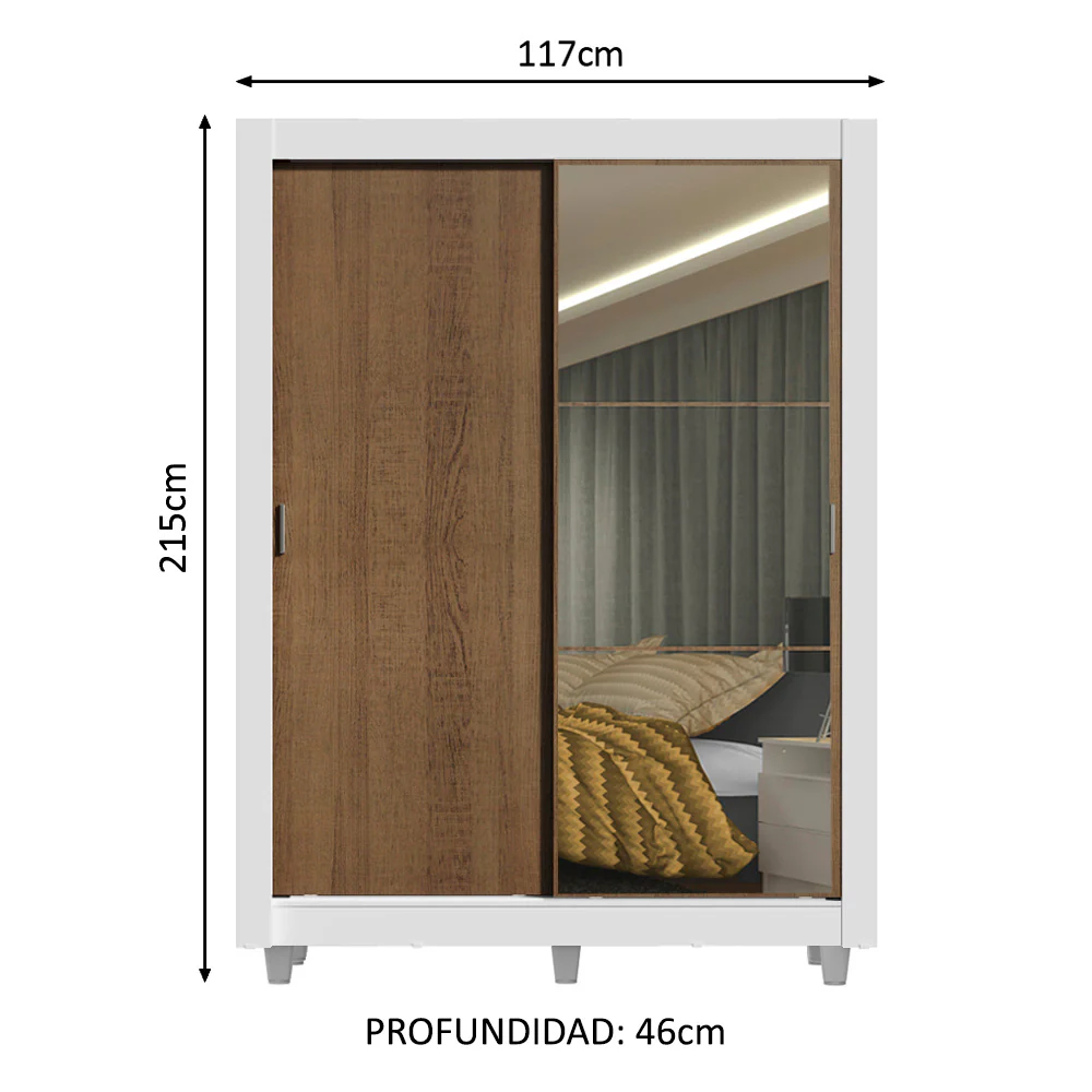 Placard Soltero Denver 2 Puertas Corredizas Espejo con Patas Blanco/Marrón - Image 2