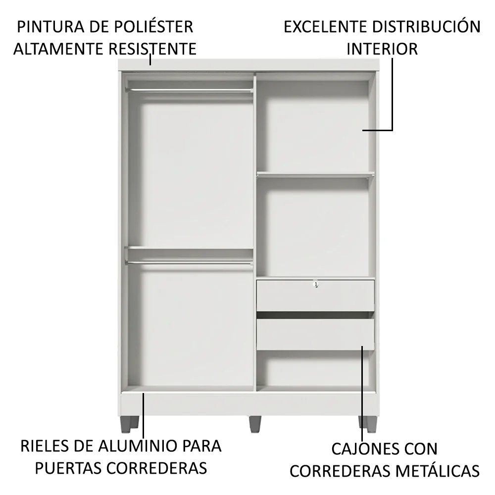 Placard Soltero Luke 2 Puertas Corredizas Espejo con Patas Blanco - Image 5