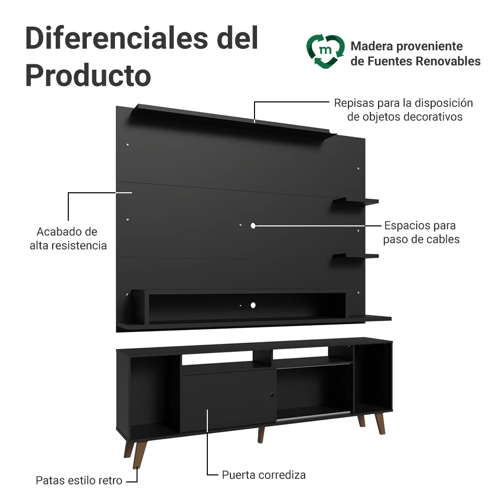 Rack con Panel para TV hasta 60 Pulgadas 180 cm con Patas Negro/Marrón Cancun Madesa - Image 4