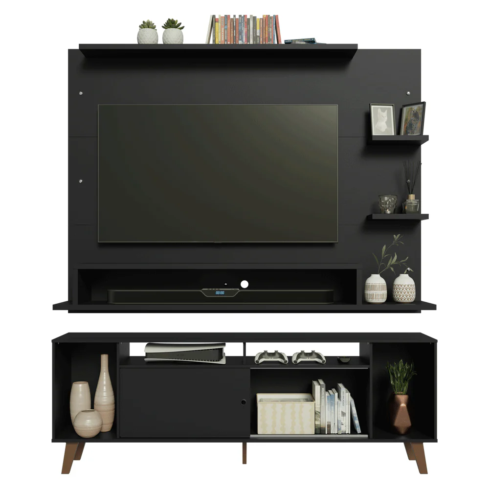 Rack con Panel para TV hasta 60 Pulgadas 180 cm con Patas Negro/Marrón Cancun Madesa - Image 8