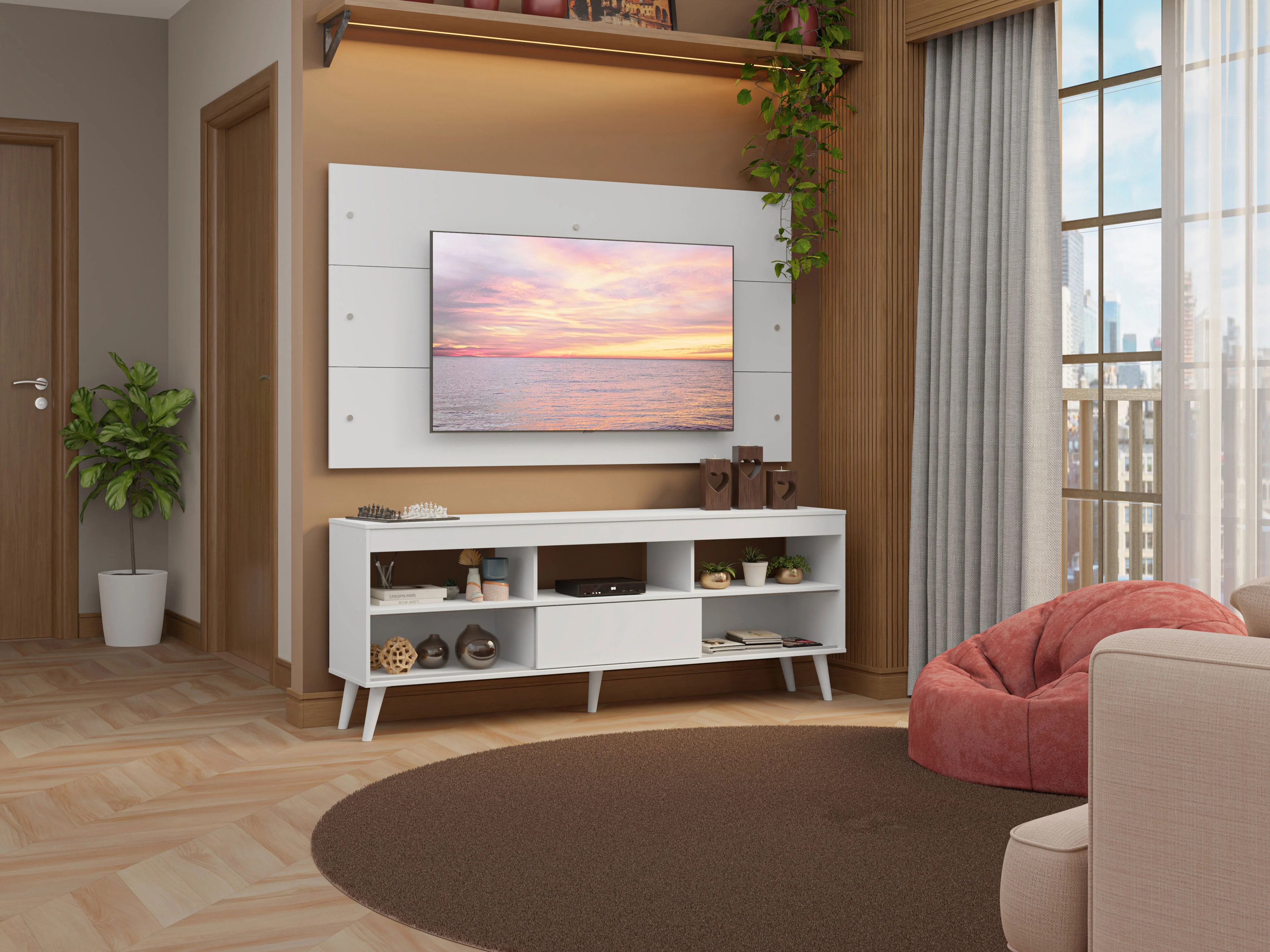Rack con Panel para TV hasta 65 Pulgadas con Patas Blanco Detroit Madesa - Image 10