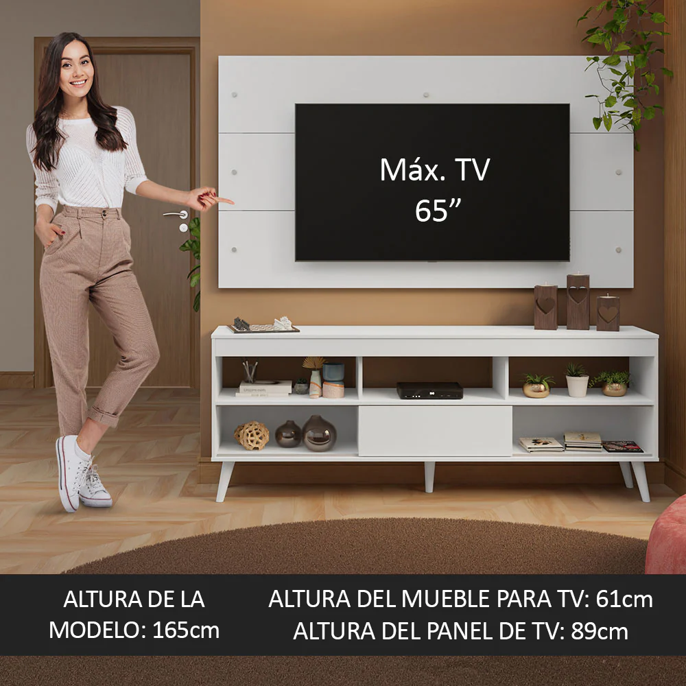 Rack con Panel para TV hasta 65 Pulgadas con Patas Blanco Detroit Madesa - Image 4
