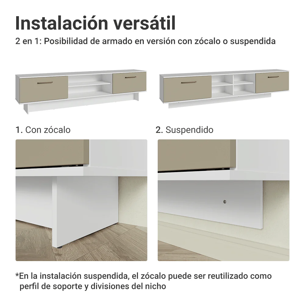 Rack Flotante para TV hasta 80 Pulgadas 218 cm 2 Puertas Blanco/Crema Agata Madesa - Image 9