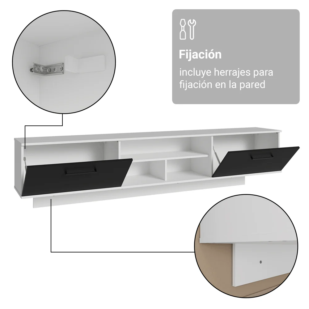 Rack Flotante para TV hasta 80 Pulgadas 218 cm 2 Puertas Blanco/Negro Agata Madesa - Image 10
