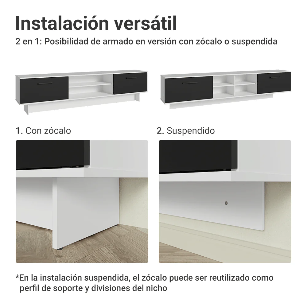 Rack Flotante para TV hasta 80 Pulgadas 218 cm 2 Puertas Blanco/Negro Agata Madesa - Image 9