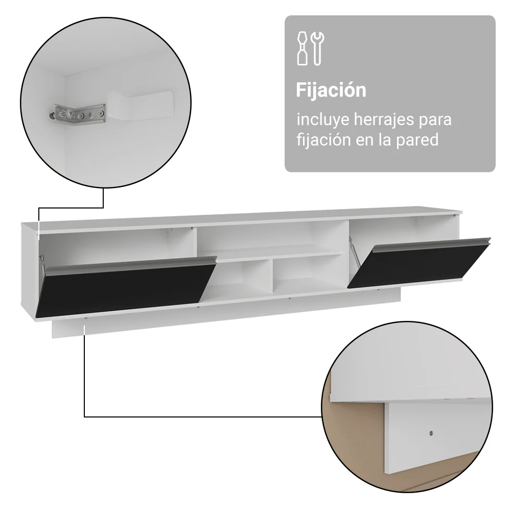 Rack Flotante para TV hasta 80 Pulgadas 218 cm 2 Puertas Blanco/Negro Glamy Madesa - Image 10
