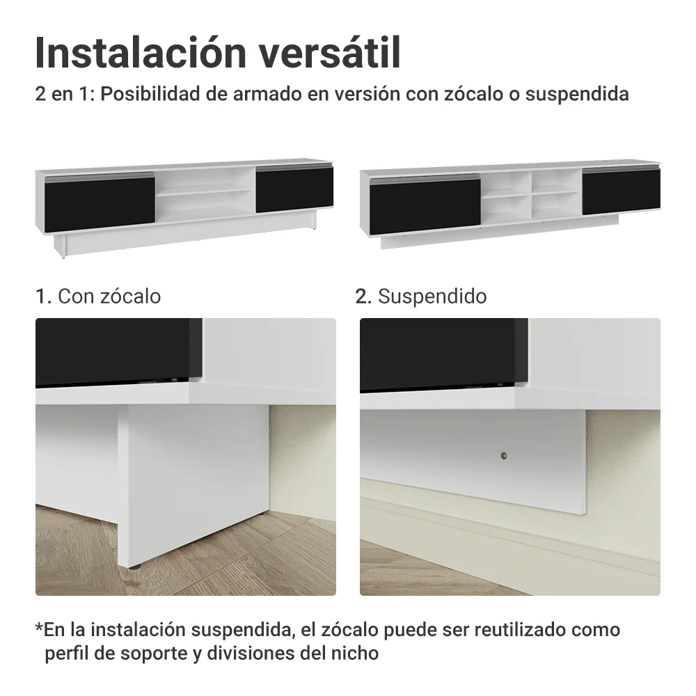 Rack Flotante para TV hasta 80 Pulgadas 218 cm 2 Puertas Blanco/Negro Glamy Madesa - Image 9