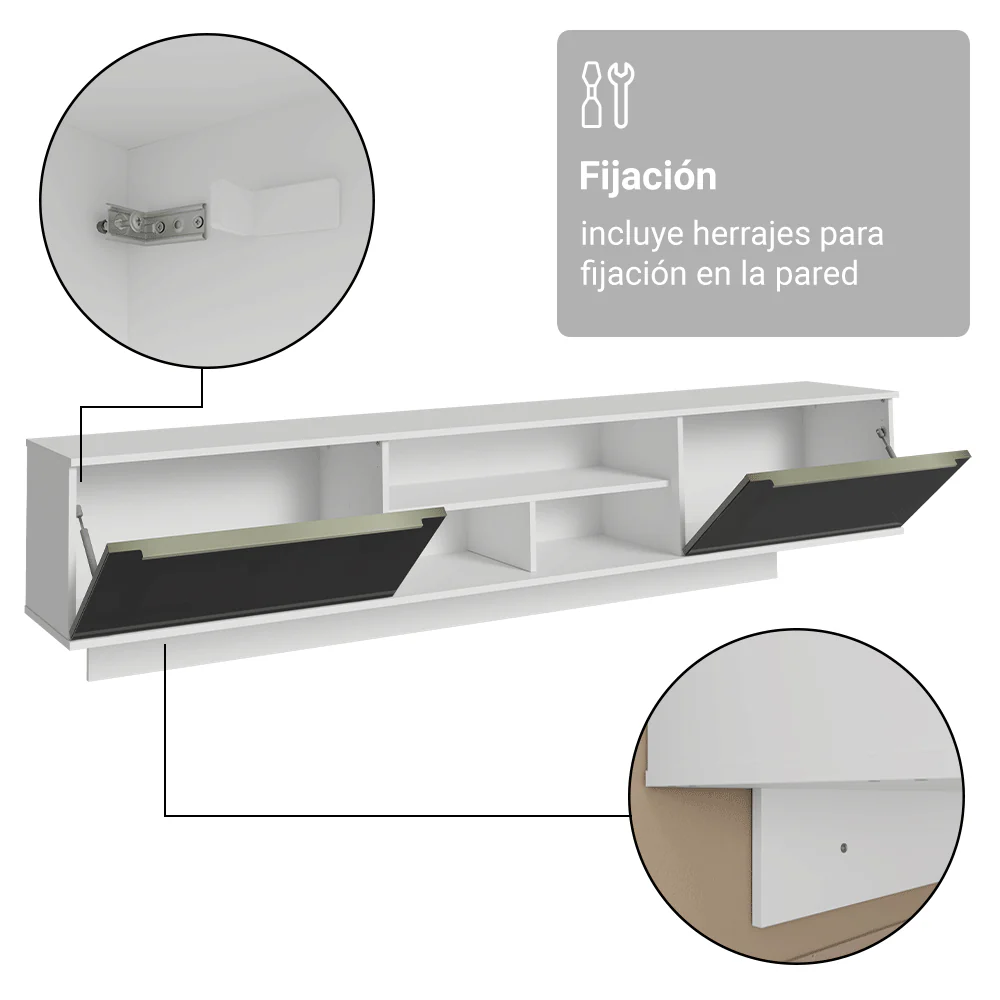 Rack Flotante para TV hasta 80 Pulgadas 218 cm 2 Puertas Blanco/Negro Lux Madesa - Image 10
