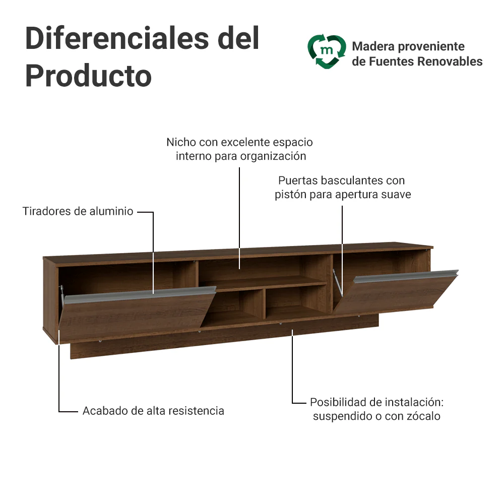 Rack Flotante para TV hasta 80 Pulgadas 218 cm 2 Puertas Marrón Glamy Madesa - Image 4