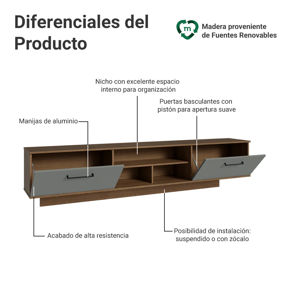 Rack Flotante para TV hasta 80 Pulgadas 218 cm 2 Puertas Marrón/Gris Agata Madesa - Image 4