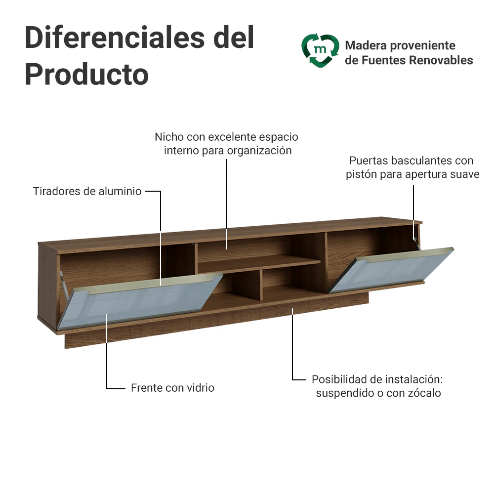 Rack Flotante para TV hasta 80 Pulgadas 218 cm 2 Puertas Marrón/Gris Lux Madesa - Image 4