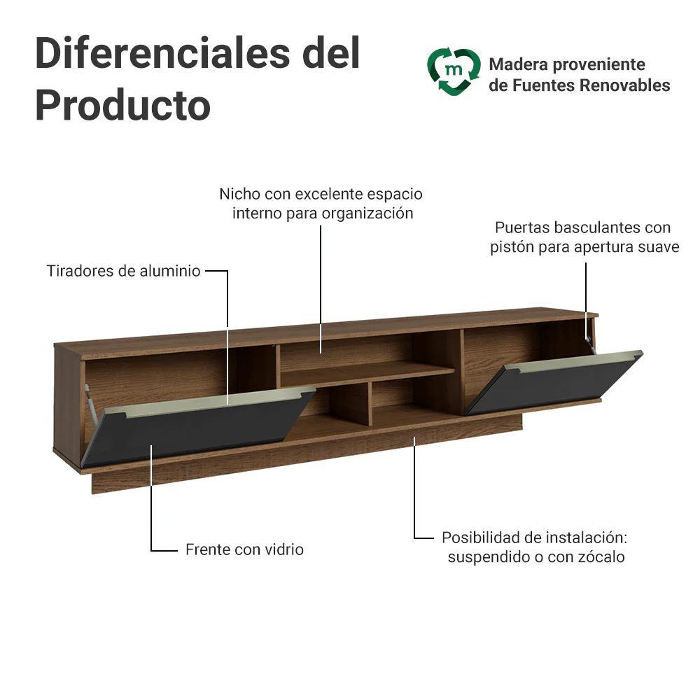 Rack Flotante para TV hasta 80 Pulgadas 218 cm 2 Puertas Marrón/Negro Lux Madesa - Image 4