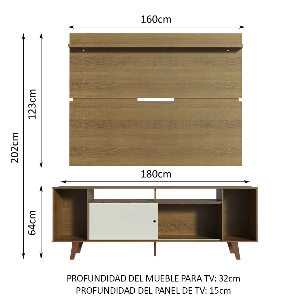 Rack Madesa Cancun con Patas y Panel para TV hasta 65 Pulgadas Marrón/Blanco - Image 2