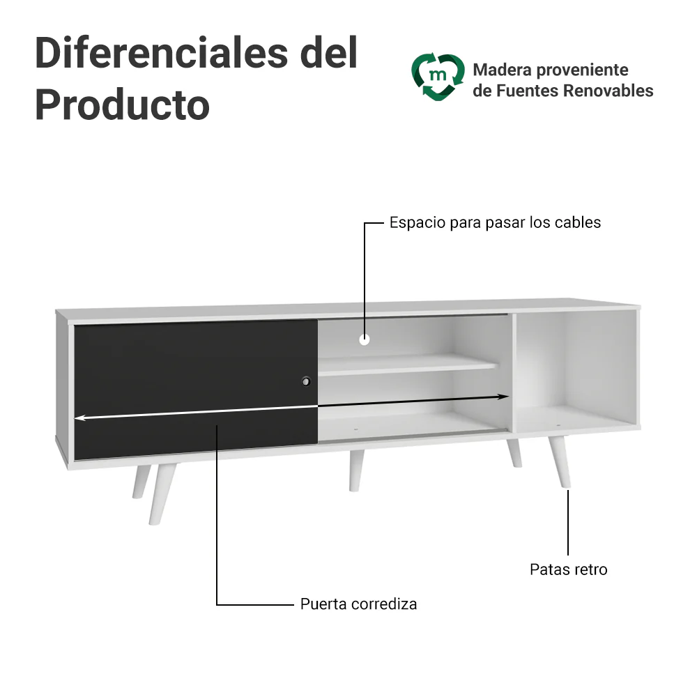 Rack Madesa Dubai para TV hasta 65 Pulgadas con Patas Blanco/Negro 7309 - Image 4