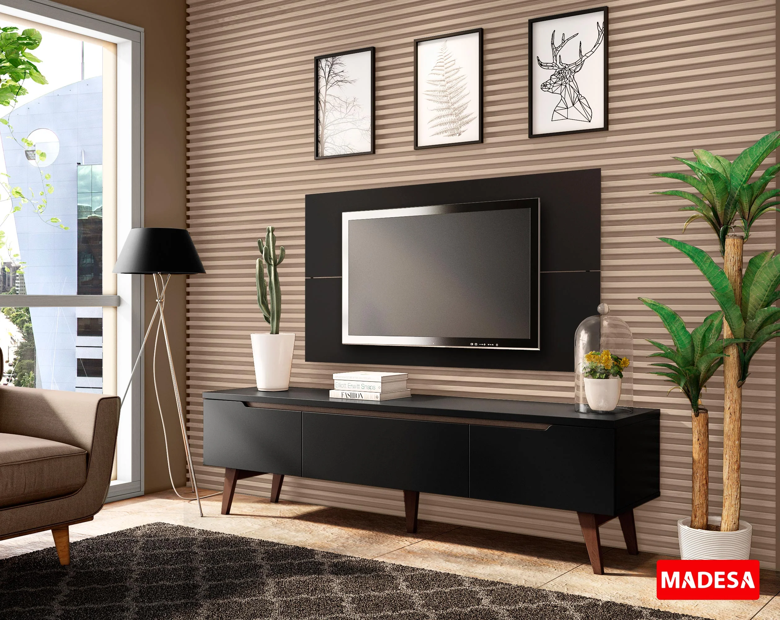 Rack Madesa Reims con Panel para TV hasta 55 Pulgadas 2 Puetas y 1 Cajón Negro - Image 10