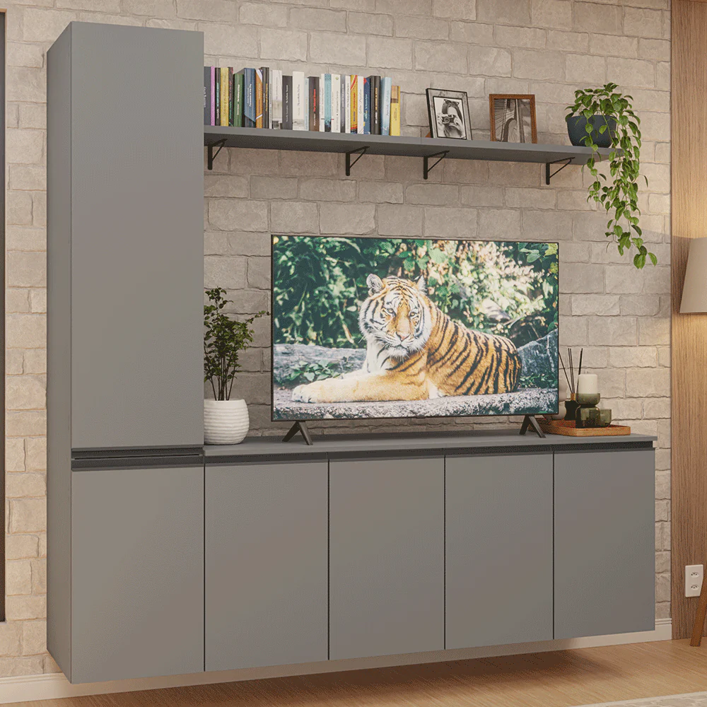 Rack para TV hasta 70 pulgadas flotante + repisa de 200cm, Gris Nice 01