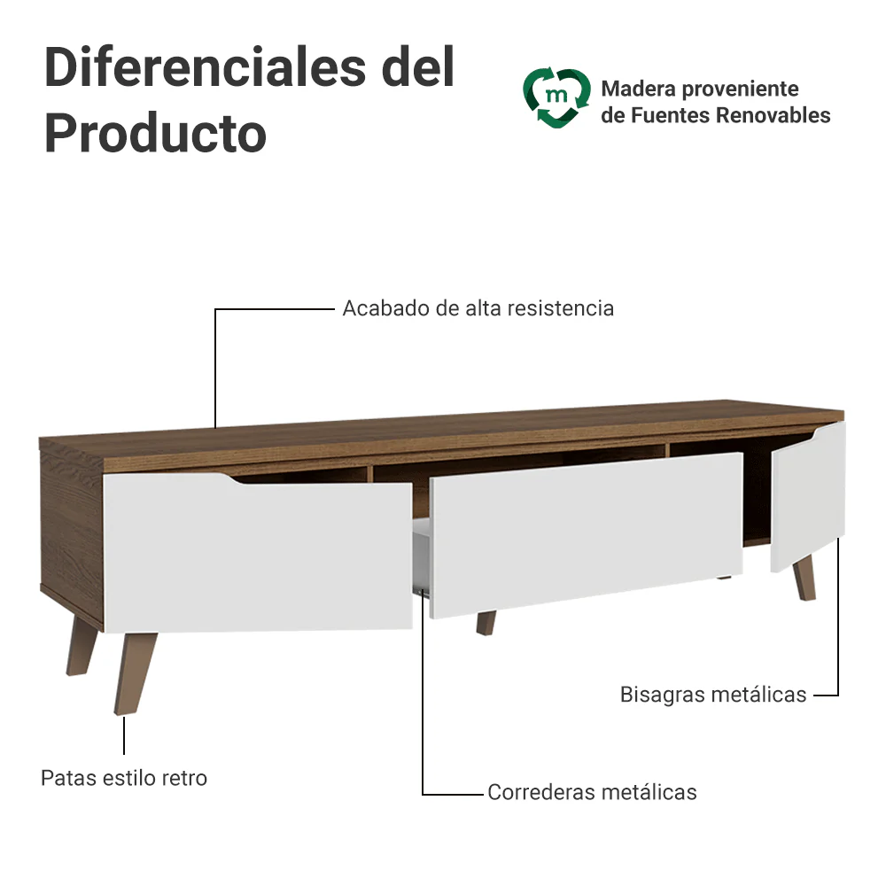 Rack para TV hasta 75 Pulgadas 180 cm 2 Puertas 1 Cajón Marrón/Blanco Dune Madesa - Image 4