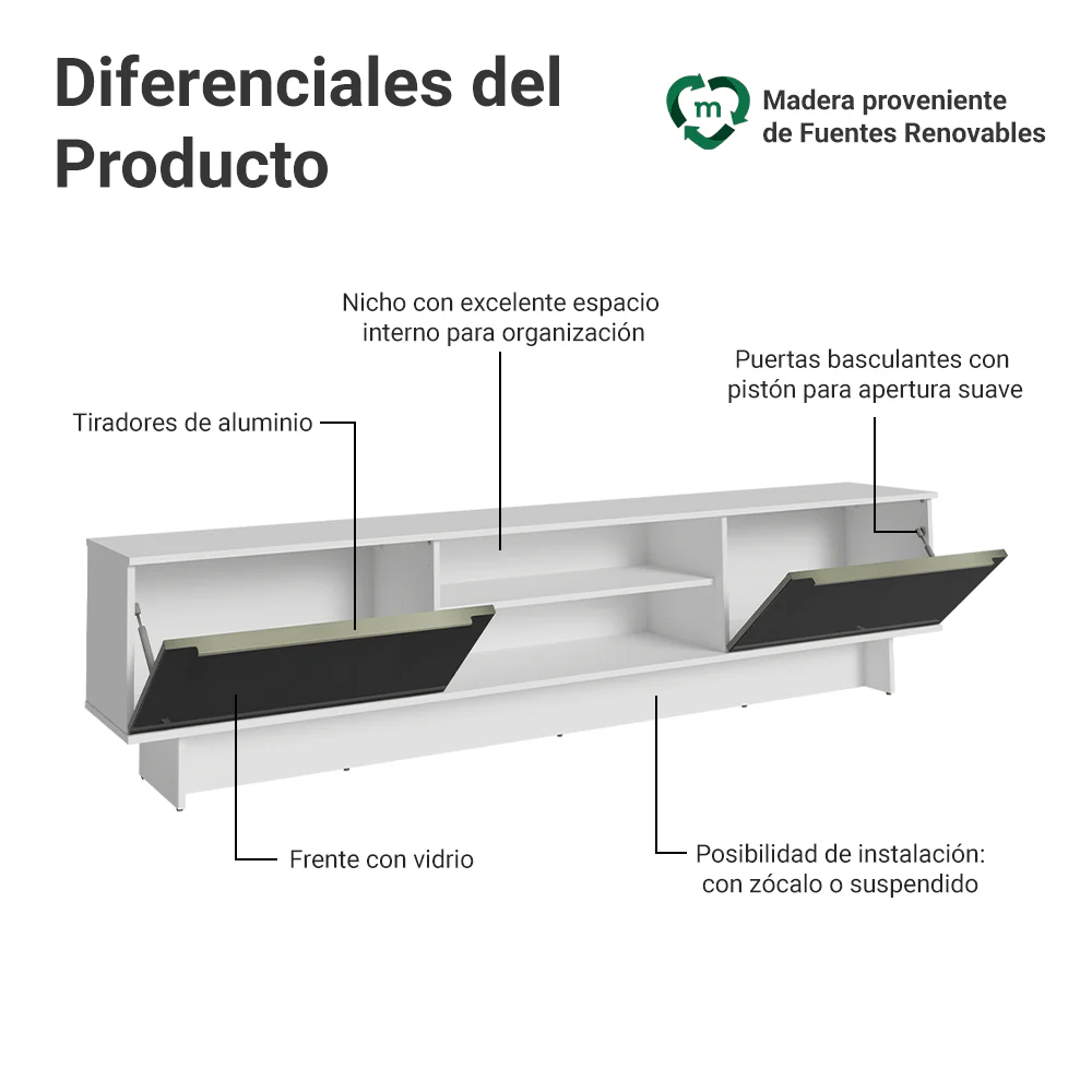Rack para TV hasta 80 Pulgadas 218 cm 2 Puertas Blanco/Negro Lux Madesa - Image 4
