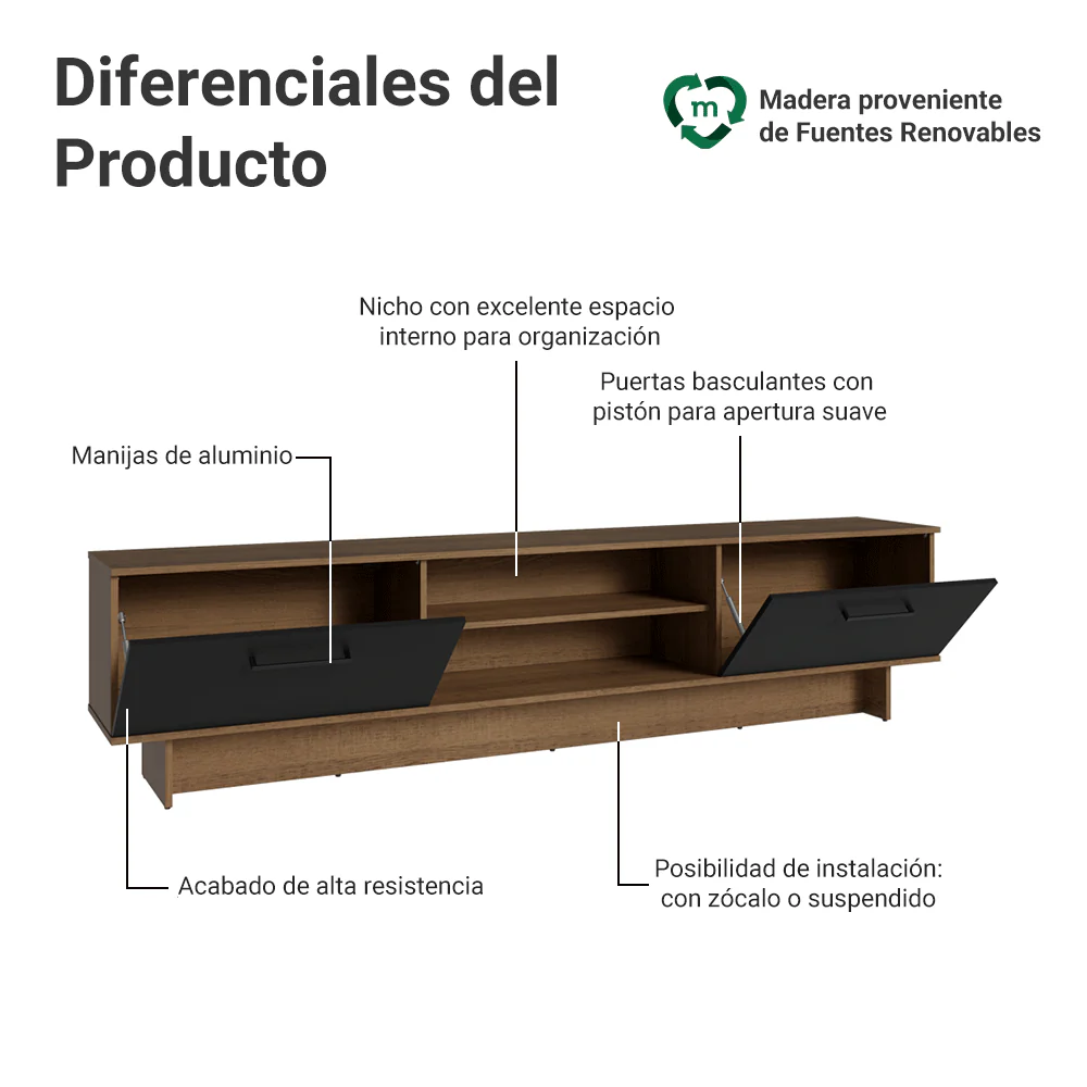 Rack para TV hasta 80 Pulgadas 218 cm 2 Puertas Marrón/Negro Agata Madesa - Image 4