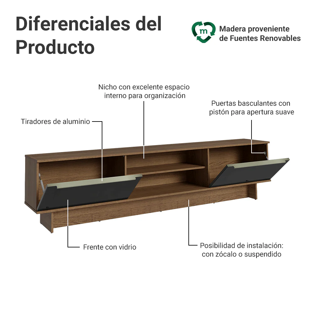 Rack para TV hasta 80 Pulgadas 218 cm 2 Puertas Marrón/Negro Lux Madesa - Image 4