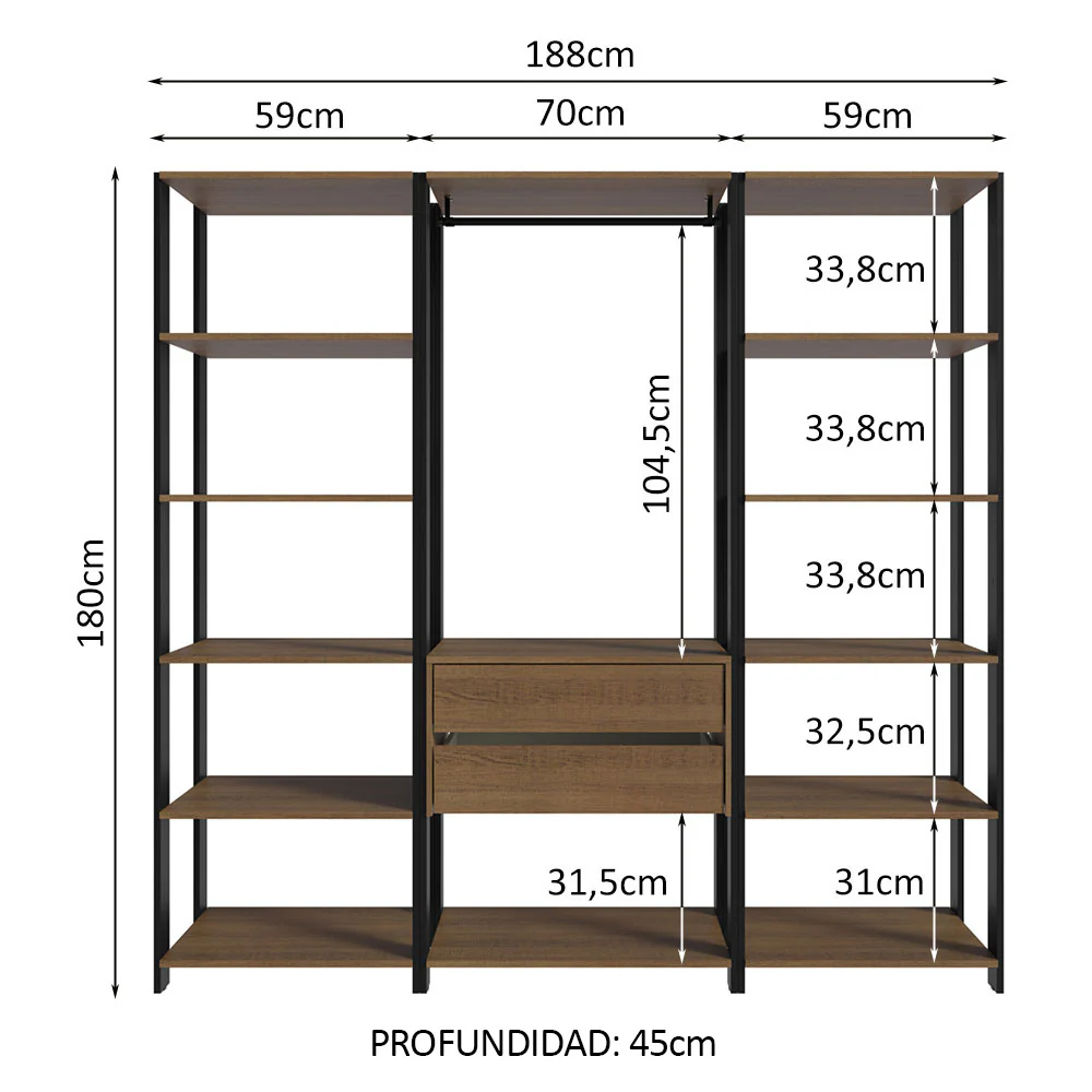 Ropero Placard Madesa Valencia 188cm Marrón/Negro 01 - Image 2